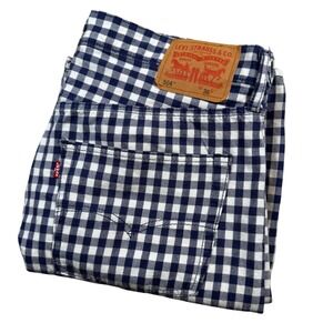 Levi's 504 Regular Fit Shorts Mens 36 Blue White Gingham Check Cotton 5-Pocket